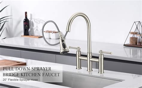 Brushed Nickel Bridge Kitchen Faucet ORLANDO 3 Hole Kitchen Faucet