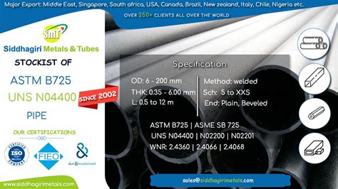 ASTM B725 UNS N04400 Pipe SB 725 N02200 Welded Nickel Alloy Pipe