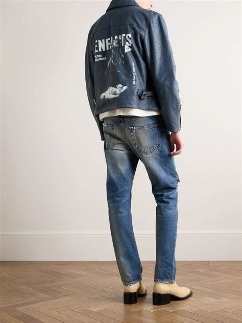 Blue Spanish Elegy Distressed Logo Print Full Grain Leather Jacket