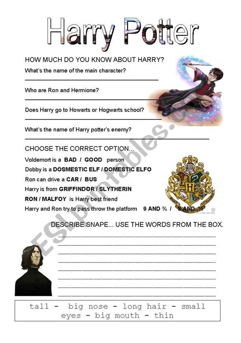 Harry Potter Esl Worksheet By Lolamora3 A3B