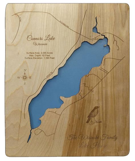 Connors Lake Wisconsin Sawyer County Laser Cut Wood Map Personal