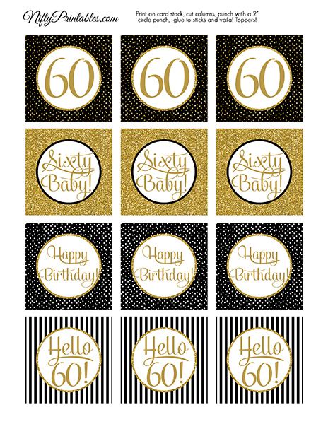 Printable 60th Birthday Cupcake Toppers - Black Gold