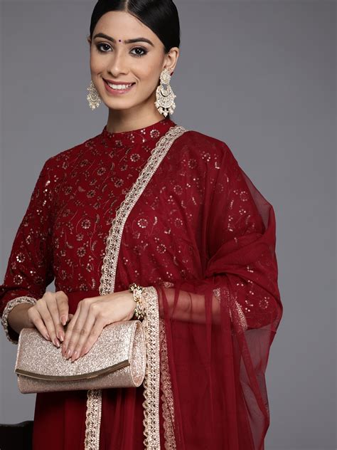 Buy Libas Women Maroon Floral Embroidered Sequinned Kurta With Churidar And With Dupatta Kurta