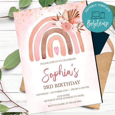 Boho Rainbow Invitation Customizable Template Diy Bobotemp Rainbow