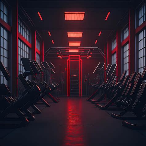 Premium Photo | A dark gym with a red light that says " gym " on the wall.