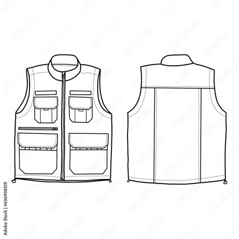 Technical Sketch Drawing Of Men S Vest Vector Template Model 1 In Front Side And Back View