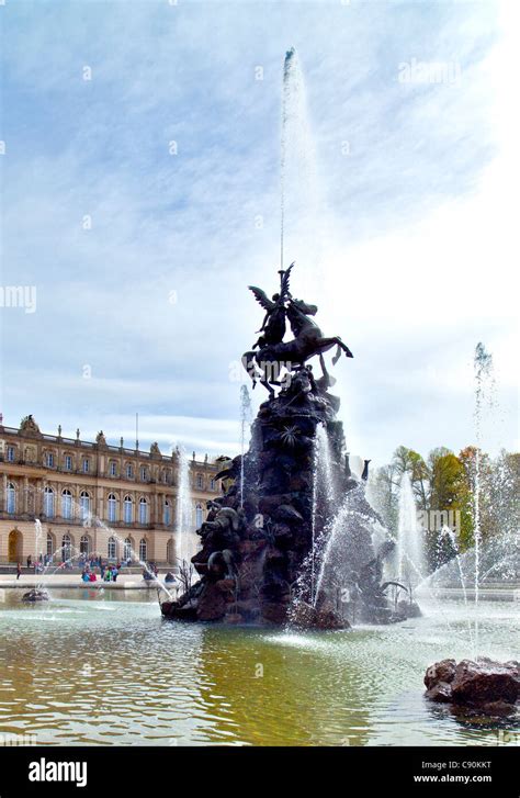 Fountain Of Herrenchiemsee With Herrenchiemsee Castle Chiemsee