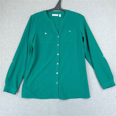 Vintage Susan Graver Shirt Womens 2 Green Long Roll Tab Sleeve Stretch