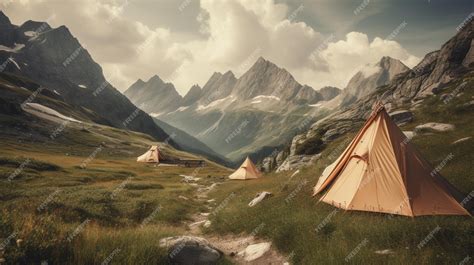 Premium AI Image | A mountain landscape with a tent and a mountain in ...