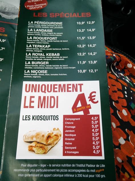 Menu au Le Kiosque à Pizzas pizzeria Muzillac