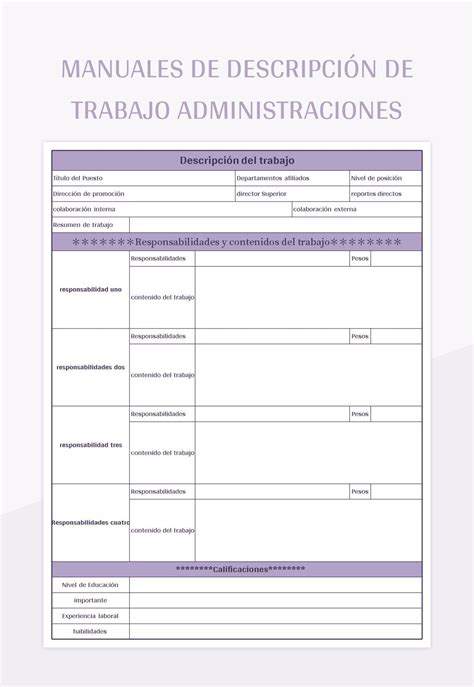 Plantilla De Excel Manuales De Descripción De Trabajo Administraciones