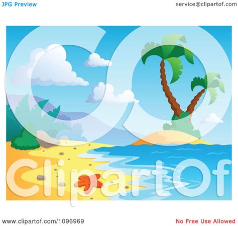 Clipart Tropical Sea Shore With A Starfish Surf And Palm Trees