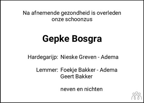 Gepke Bosgra 18 12 2023 Overlijdensbericht En Condoleances Mensenlinq Nl