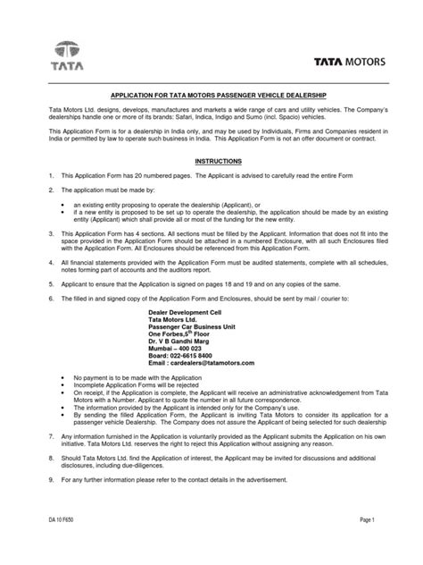 application  tata motors passenger vehicle dealership sole