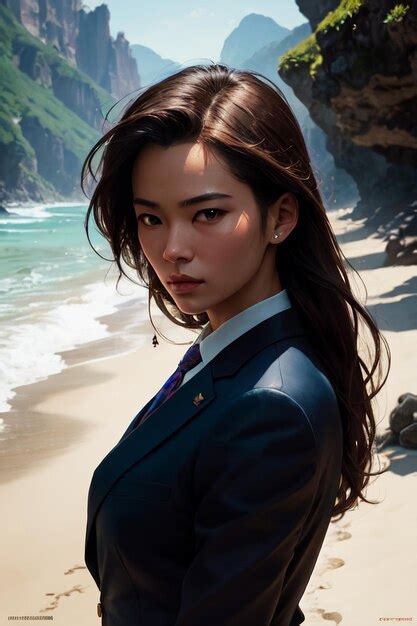 Premium Ai Image A Woman In A Suit Stands On A Beach With The Ocean In The Background