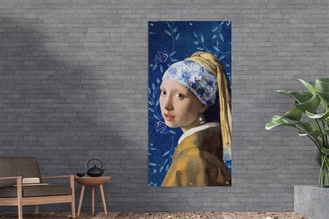 Schuttingposter Meisje Met De Parel Delfts Blauw Vermeer Bloemen