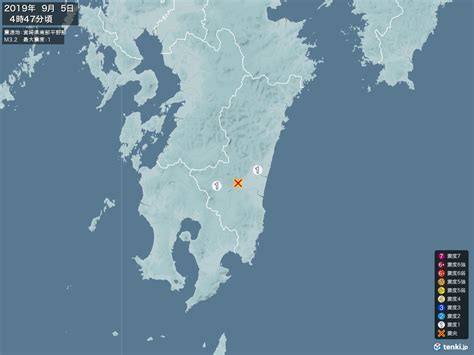 地震情報 2019年09月05日 04時47分頃発生 最大震度：1 震源地：宮崎県南部平野部拡大画像 日本気象協会 Tenkijp