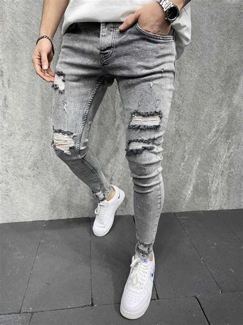 Jeans Skinny Homme Effet Déchiré Gris Mode Urbaine