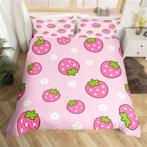 Girls Strawberry Comforter Cover Pink Strawberry Decor Bedding Set Full