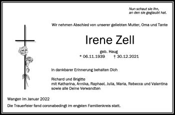 Traueranzeigen Von Irene Zell Schwaebische De Trauerportal