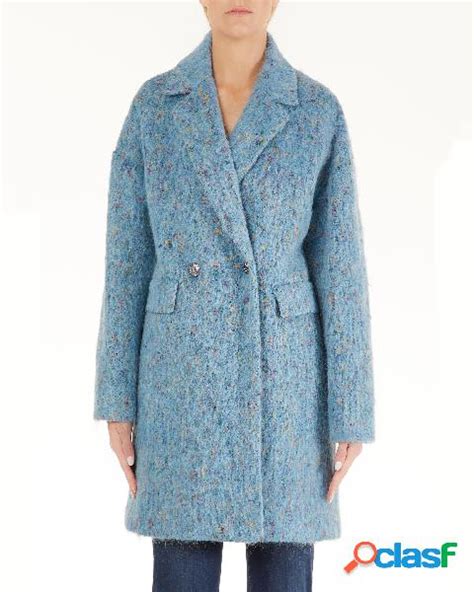 Cappotto Doppiopetto Azzurro In Misto Lana Effetto Mohair A Macchie Di