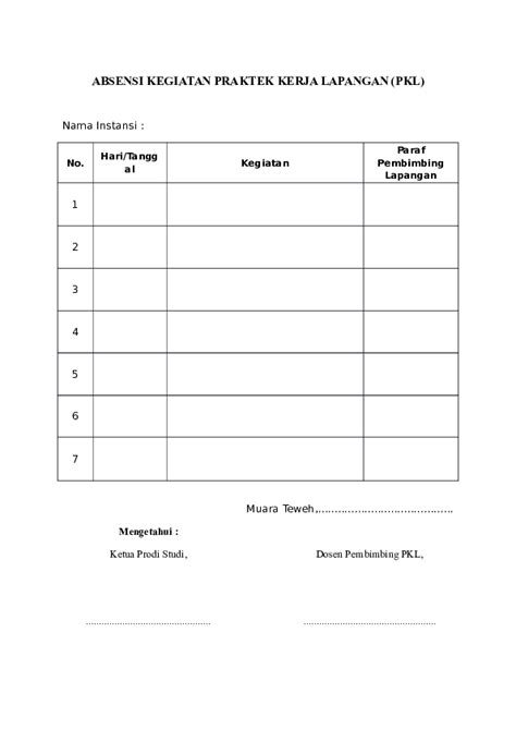 Doc Absensi Kegiatan Praktek Kerja Lapangan Pkl Nama Instansi
