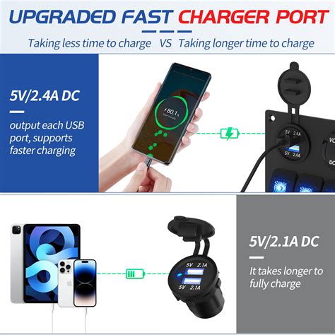 Aluminum Multifunction 5 Gang Rocker Switch Panel With 4 8A Dual USB