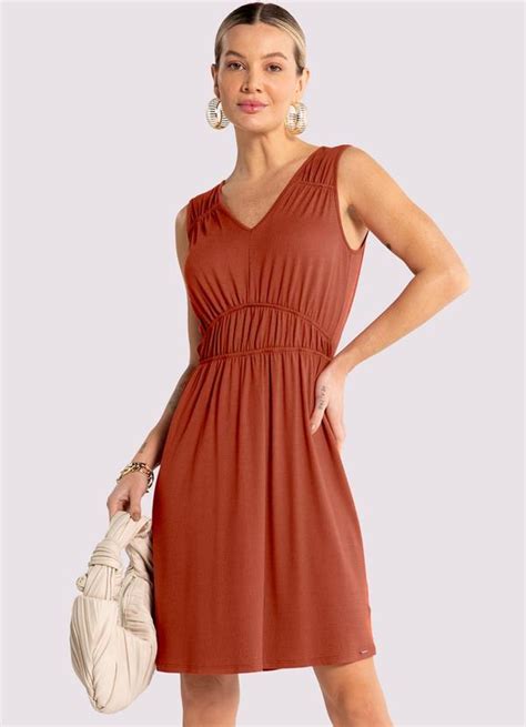 Vestido Curto Em Malha El Stico Cintura Laranja Lunender Feminino