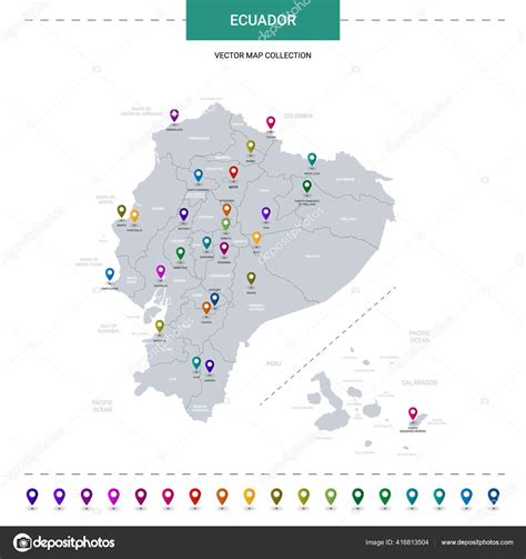 Ecuador Mapa Con Marcas Puntero Ubicación Plantilla Vectorial