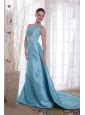 Baby Blue Column Sheath One Shoulder Watteau Train Beading Taffeta