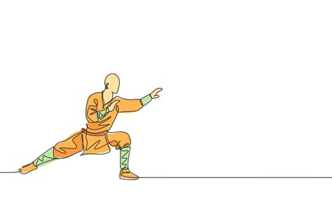 Un Dibujo De L Nea Continua Del Joven Monje Shaolin Practica El Estilo