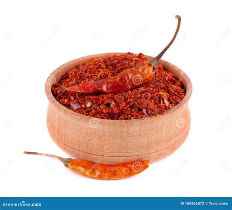 Dry And Crushed Chili Pepper Flakes Isolated On White Background Red