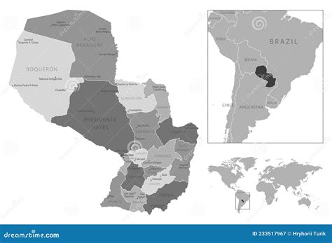 Paraguay Detailed Map Highlighted On Blue Rounded World Map Vector