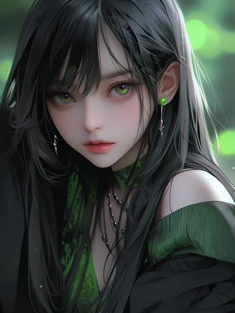 Premium Photo | Anime girl with long black hair and green eyes posing ...