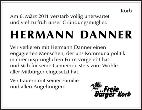 Traueranzeigen Von Hermann Danner Zvw Trauer