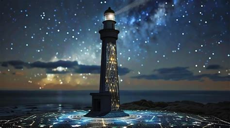 A Futuristic Lighthouse With A Bright Beam Shining Under A Starry Sky