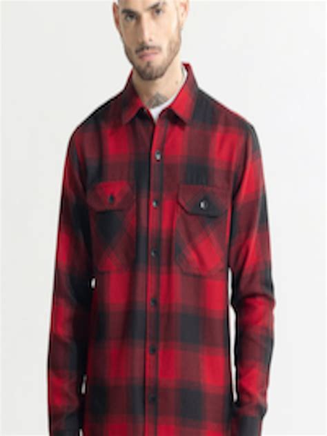 Buy Snitch Red Classic Slim Fit Checked Cotton Shacket Shirts For Men