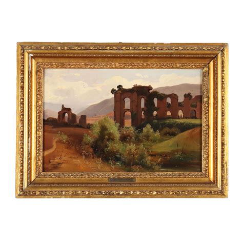 Dipinto Di Paesaggio Italiano Rovine E Figure Quadro Cornice