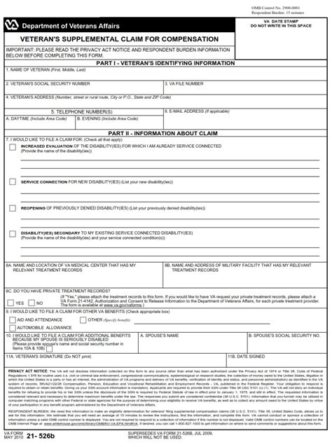 Va Form B Veterans Supplemental Claim For Compensation Va Forms