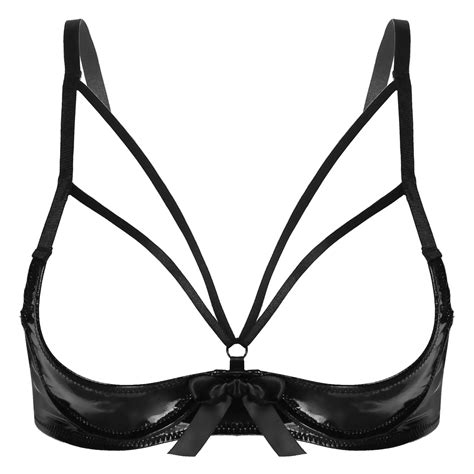 Womens Erotic Sexy Lingerie Patent Leather Cupless Bra Tops Wetlook