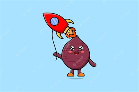 Premium Vector Cute Cartoon Sweet Potato Floating With Rocket Balloon Cartoon Vector Illustration