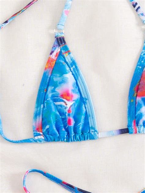 Shein Swim Sxy Tie Dye Bikini Set Halter Micro Triangle Bra V String