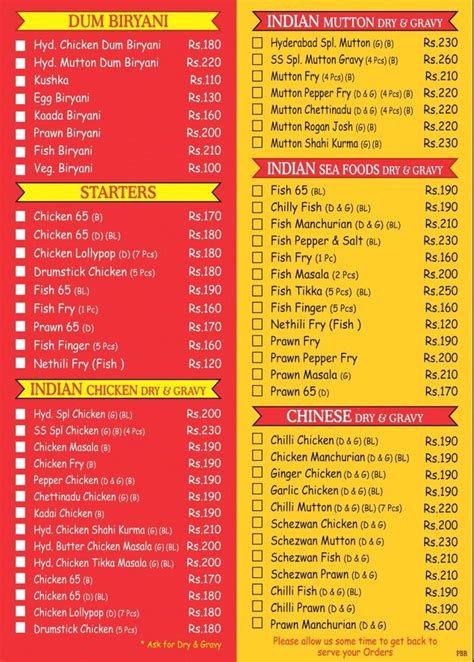 SS Hyderabad Biryani (P) Ltd. Menu and Price List for Parrys, Chennai ...