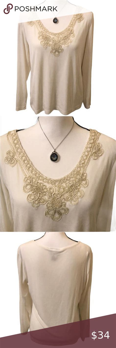 Chicos Travelers Collection Cream Blouse With Gold Beaded Detail Size