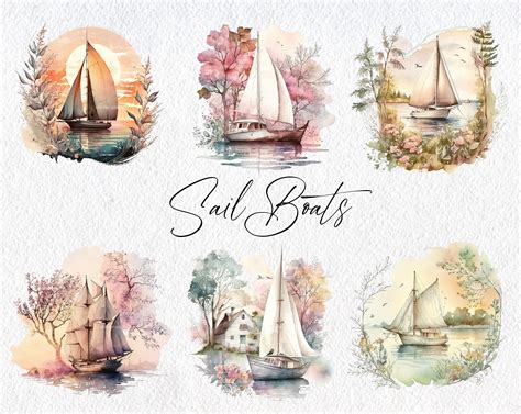 Cute Watercolor Sailboat Scenes Commercial Use Clipart Boat Clipart Scrapbooking Vacation