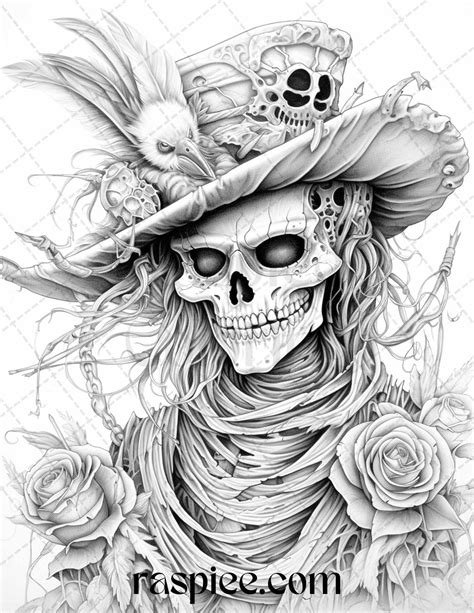 Scary Steampunk Scarecrows Grayscale Coloring Pages Printable For A