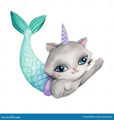 Gato Do Sereia De Unic Rnio Giro Em Um Fundo Branco Isolado Desenho De