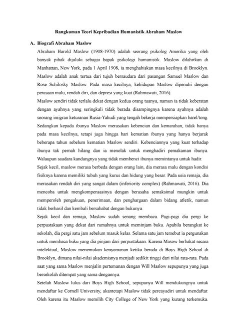 Rangkuman Teori Kepribadian Humanistik Abraham Maslow Biografi