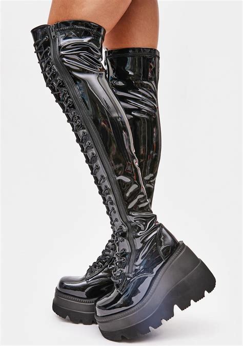 Demonia Thigh High Patent Platform Boots Black Dolls Kill