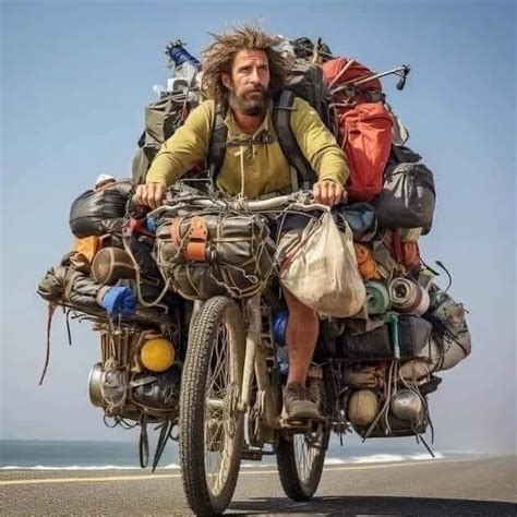 A Man Riding On The Back Of A Bike With Lots Of Luggage Strapped To It